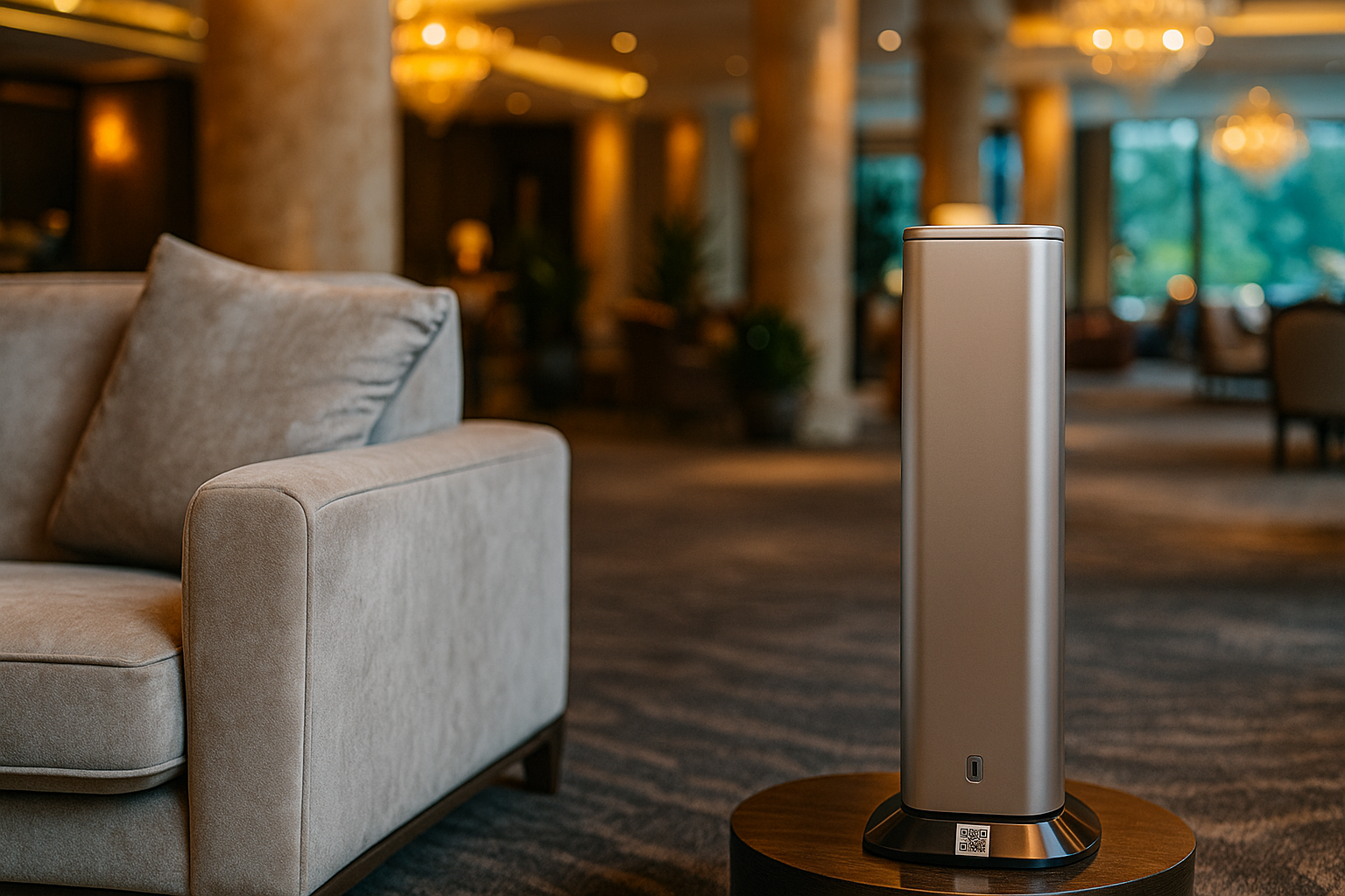 Hotel lobby with Aromla tower